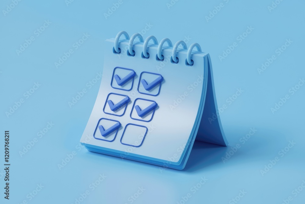 Poster a blue desk calendar with checkboxes, illustrating task completion and planning.