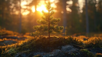 Obraz premium Sunset forest sapling, nature backdrop