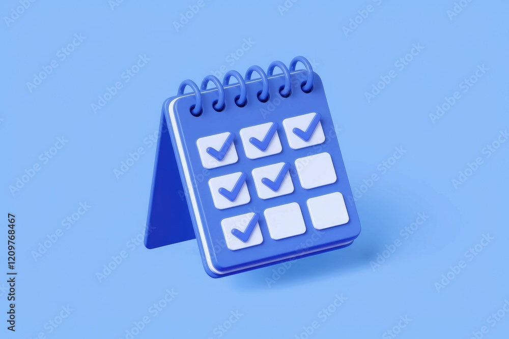 Poster a blue desk calendar with checkmarks, signifying completed tasks and appointments.