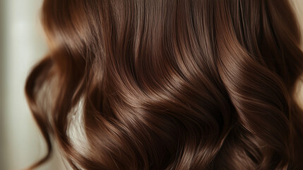 Fototapeta premium Luxurious brown wavy hair close-up with smooth texture and rich color