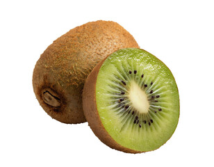 Obraz premium Fresh kiwi fruit isolated on a white transparent background, whole and sliced, vibrant green with tiny black seeds, perfect for food packaging, healthy eating blogs, restaurant menus, digital design