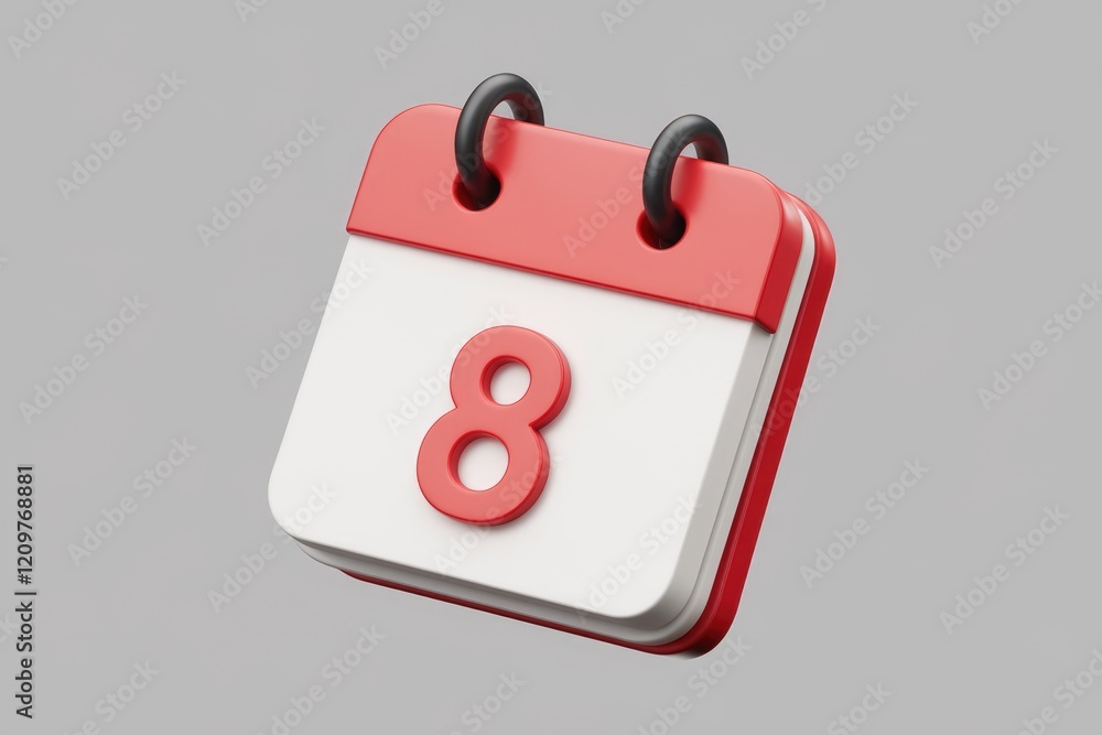 Poster a 3d render of a red and white calendar showing the 8th.