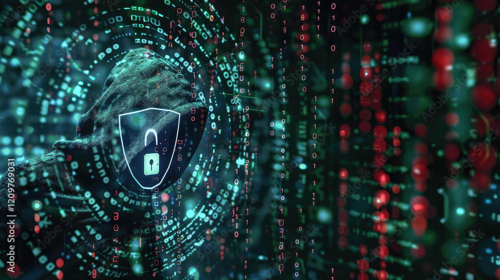 Aufkleber digital security concept with hooded figure, lock symbol, and binary code representing cybersecurity