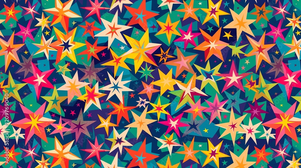 Canvas Prints a vibrant and colorful seamless pattern featuring stars of various sizes and colors on a dark blue b