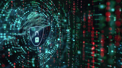 Digital security concept with hooded figure, lock symbol, and binary code representing cybersecurity and data protection