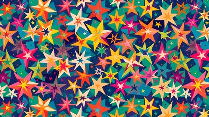 Fototapeta premium A vibrant and colorful seamless pattern featuring stars of various sizes and colors on a dark blue background.