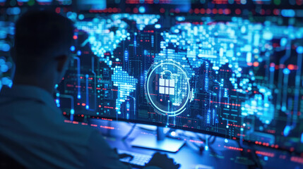 person working on computer with digital world map and cybersecurity graphics. scene conveys sense of assurance and focus in high tech environment