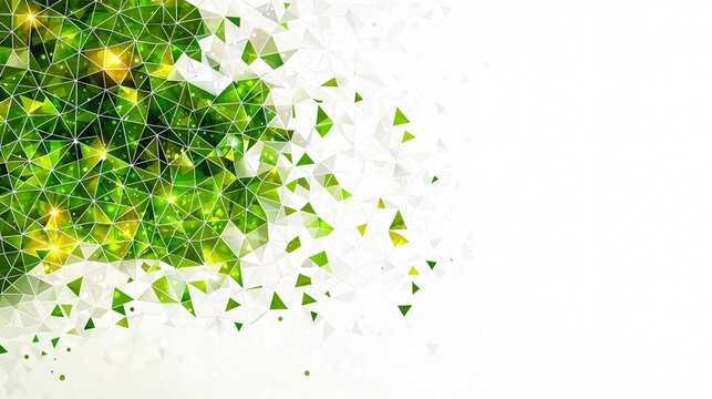 Abstract green geometric pattern with white lines and yellow highlights on a white background