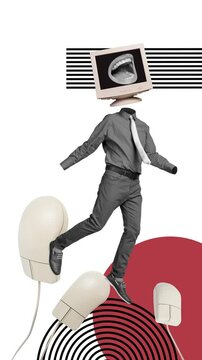 Creative poster motion collage video of anonym man instead head pc monitor mouth fake news propaganda hacking mouse
