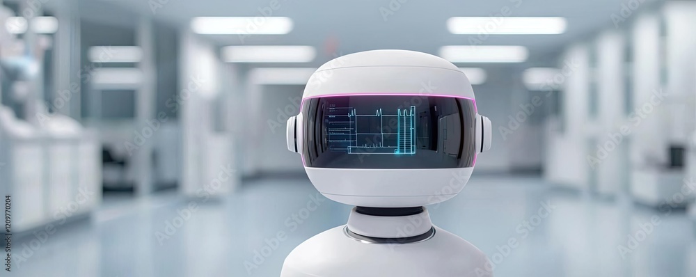 Poster telemedicine healthcare access idea. futuristic robot with a display in a modern tech laboratory set
