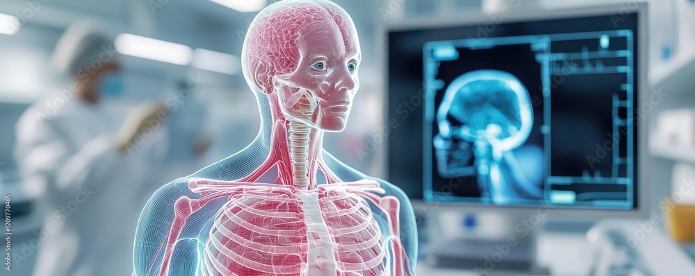 Poster ai diagnostics concept. detailed view of an anatomical model showcasing human skeletal and brain str