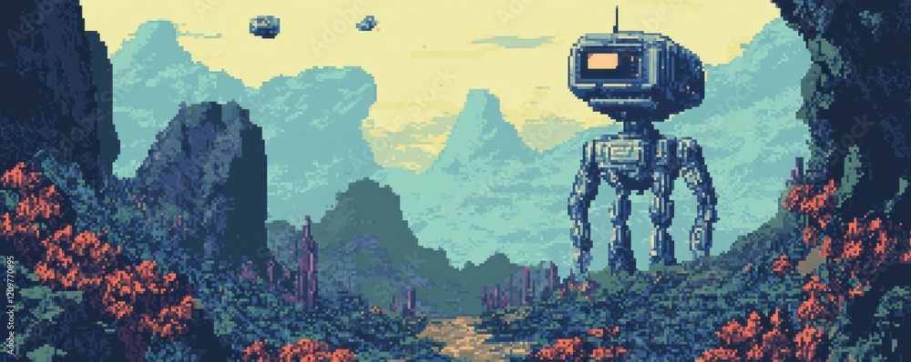 Poster a pixel art depiction of a pixelated robot exploring a pixelated alien world.