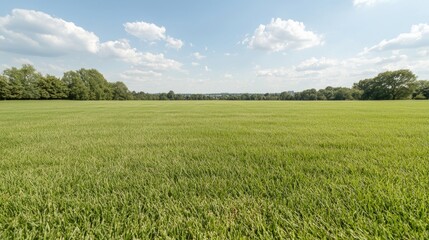 Fototapeta premium A vast green grass field stretches out under a bright blue sky with white clouds, bordered by distant trees.