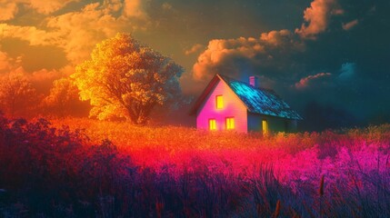 Artistic representation of a colorful house glowing in a surreal field