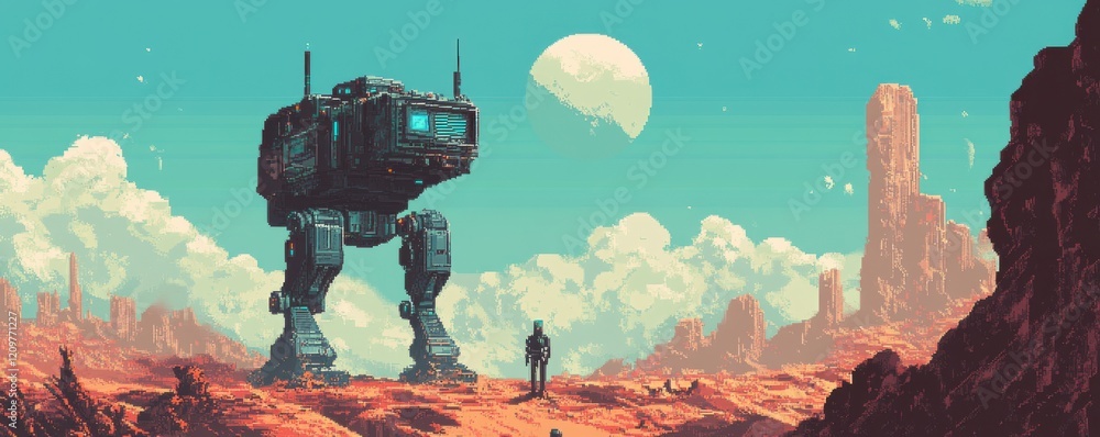 Aufkleber a pixel art depiction of a pixelated robot exploring a pixelated alien world.