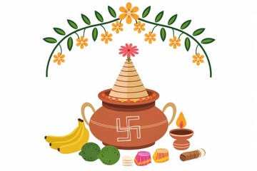 A depiction of a traditional Hindu Kalash, adorned with bananas, sweets, and a floral garland, symbolizing purity and prosperity.