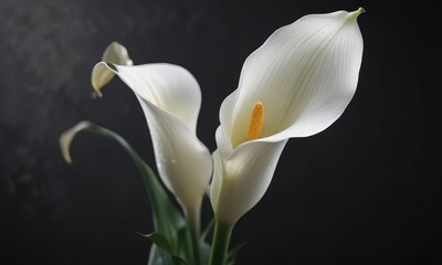 Closeup of a single white calla lily with dark background and soft lighting, calm, petal texture, symmetrical