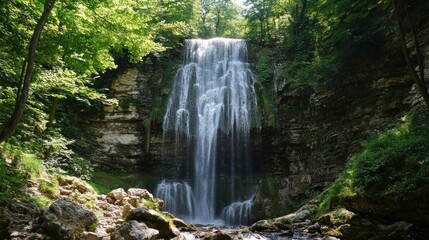 Waterfall Cascading Through Lush Forest