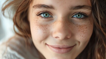 Fototapeta premium A close-up portrait of a young woman with beautiful blue eyes and freckles, smiling softly.
