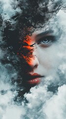 Surreal Portrait: Woman's Face Emerging from a Dreamlike Landscape