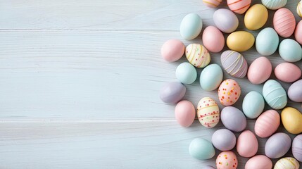 Pastel easter concept. Colorful Easter eggs arranged on a soft blue background for festive decoration.