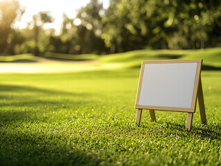 blank yard sign placed on lush green golf course, surrounded by trees and sunlight, creating serene atmosphere