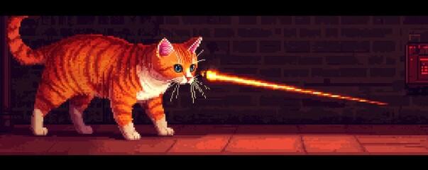 A pixel art illustration of a cat chasing a laser pointer, its playful instincts and curiosity piqued by the moving light.