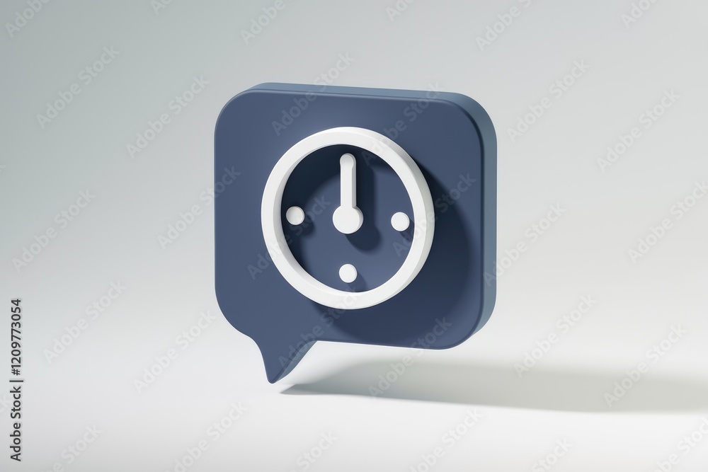 Poster a dark blue speech bubble with a white clock icon inside, symbolizing time-related communication.
