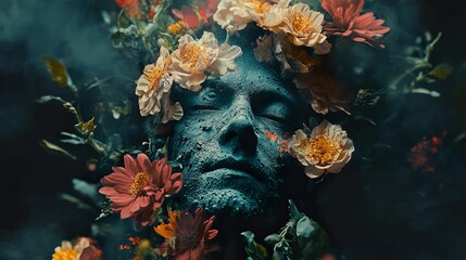 Surreal Face with Flowers: A Dark, Dreamy Portrait
