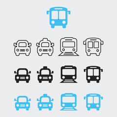 Transportation Icons Set. Symbol of Bus, Taxi and Rail icon Set Vector Background