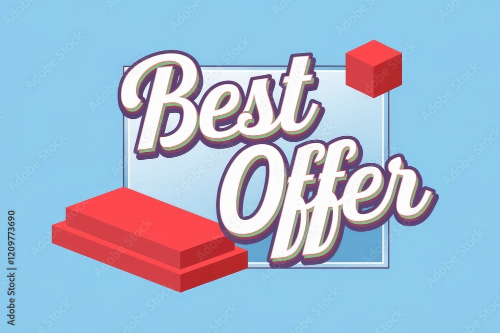 Poster Best Offer announcement with a red stage and cube graphic design.