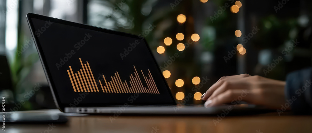 Poster data analysis on laptop with glowing bar graph and bokeh lights
