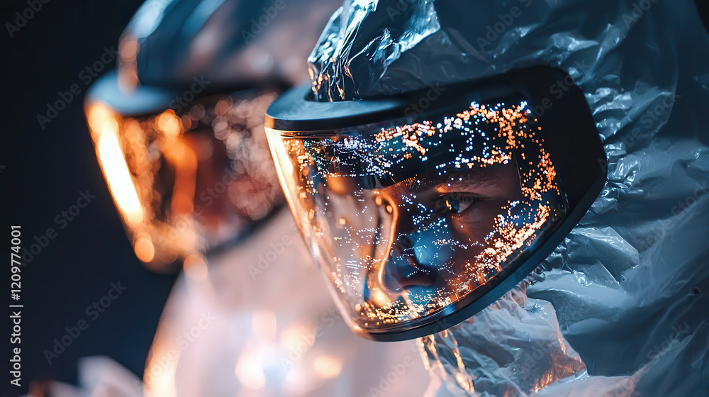 Poster two engineers in reflective protective suits and visors focus intently on their task, illuminated by
