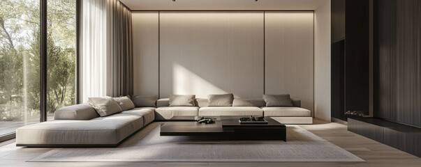 Spacious room with a large sectional sofa, black coffee table, and soft neutral decor in an airy room. Minimalist home interior design of modern living