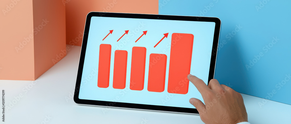 Poster tablet displaying growth chart with colorful bars and arrows