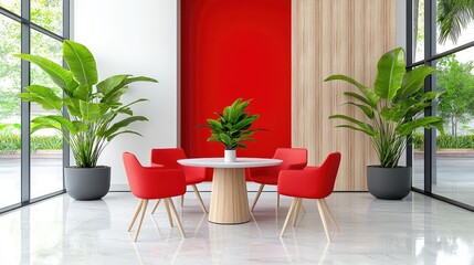 Fototapeta premium Red modern chairs and a round wooden table stand in a bright office lobby with large windows and green plants.