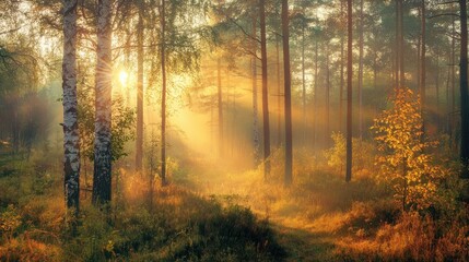 Fototapeta premium Sunrise in a Misty Forest