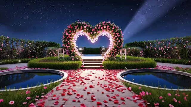 Romantic garden pathway lined with soft pink and red rose petals leading toward glowing heart shaped wedding arch under starry nocturnal landscape