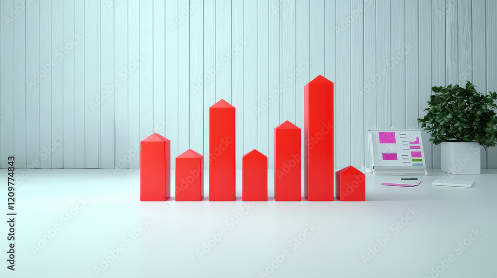 Poster bold red bar graphs display growth in modern office setting