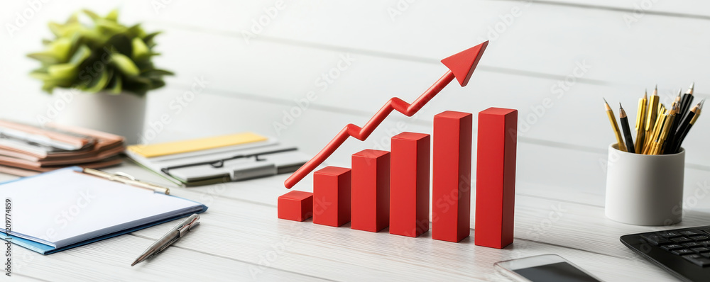 Poster close up of red bar graph with upward arrow on desk