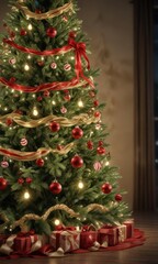 decorated pine Christmas tree with garland and ribbons, ribbon trim, holiday decor