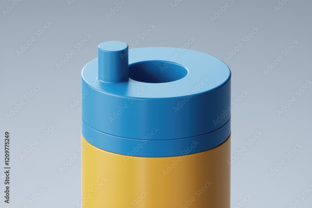 Poster a close-up of a vibrant yellow and blue cylindrical container with a unique lid.