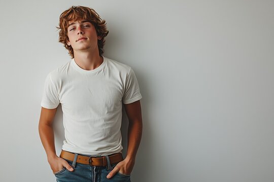 L&auml;ssiger junger Mann in wei&szlig;em T-Shirt vor wei&szlig;er Wand

