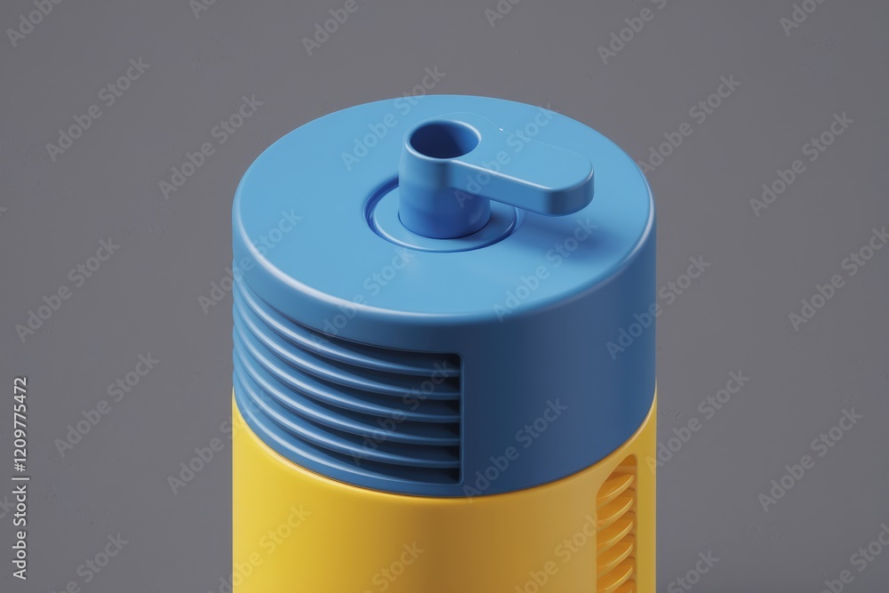 Poster a close-up of a yellow and blue cylindrical container with a unique top.