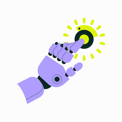 Robotic Hand Pressing Button In Flat Vector Illustration Symbolizing Automation, Technology, And Artificial Intelligence, Isolated On White Background.