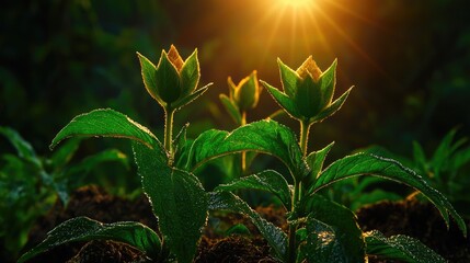 Fototapeta premium Young green seedlings grow from fertile soil, illuminated by the warm golden glow of a bright sunburst in a dark natural environment.