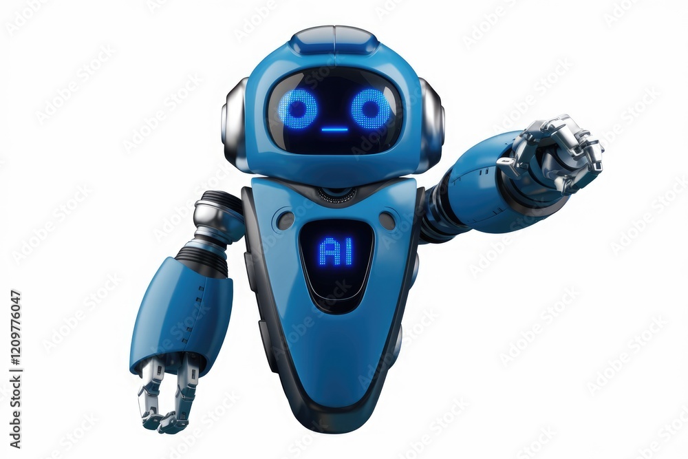 Poster a friendly blue ai robot with articulated arms points towards something, conveying assistance or gui