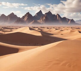 Desert landscape with towering sand dunes and majestic peaks, nature scenery, desert landscape, orange sky