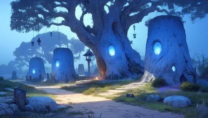 Enchanting blue glowing tree village path scene