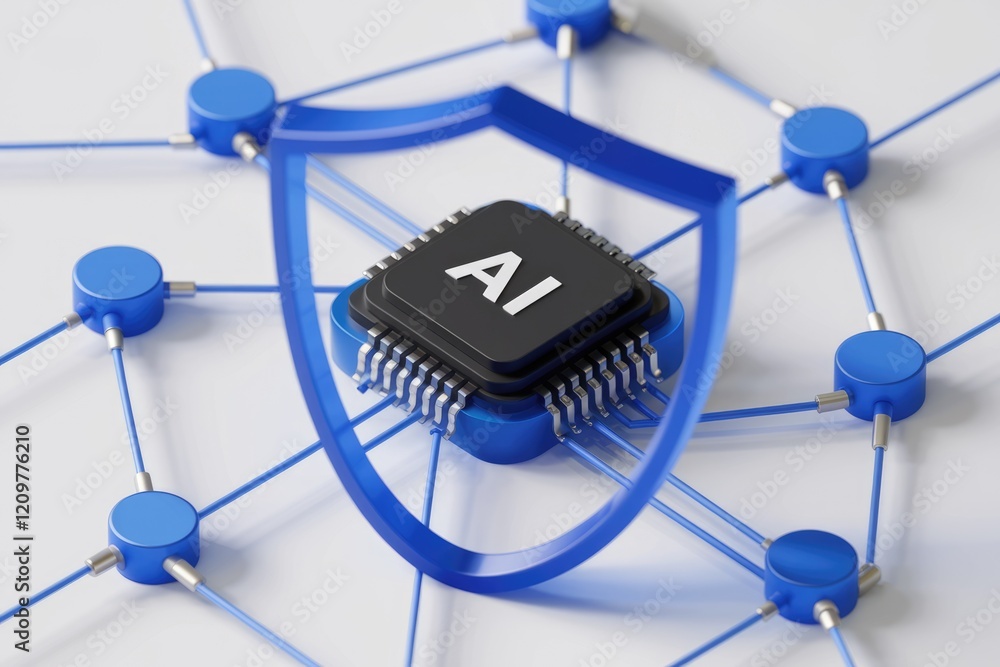 Aufkleber AI microchip secured within a network, depicting AI security and network protection.